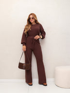 Conjunto Feminino Tricot Blusa Manga Longa e Calça Pantalona Elegante Confortável Inverno 3RD SD2008