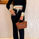 Conjunto Manga Longa Feminino Tricot Modal Blusa Gola Polo Calça Wide Leg com Cordão Detalhes em Listras Aerolook