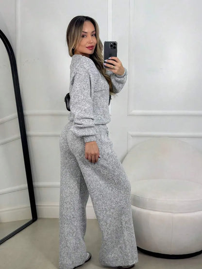 Conjunto Canelado de Tricot Mousse Calça Pantalona Cordão Ajustável+Blusa Manga Bufante Inverno