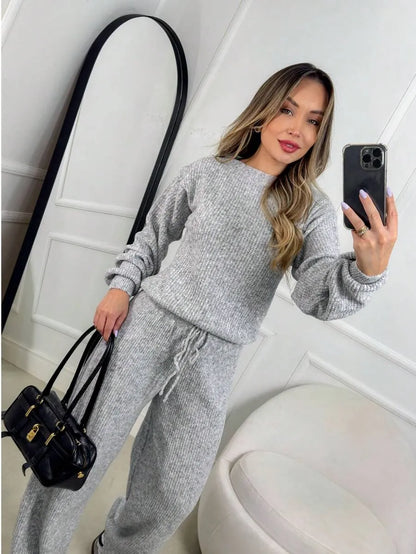 Conjunto Canelado de Tricot Mousse Calça Pantalona Cordão Ajustável+Blusa Manga Bufante Inverno