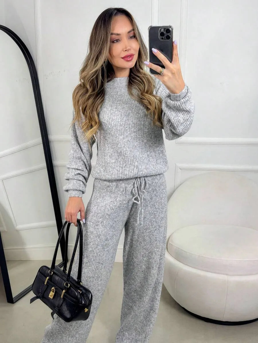 Conjunto Canelado de Tricot Mousse Calça Pantalona Cordão Ajustável+Blusa Manga Bufante Inverno