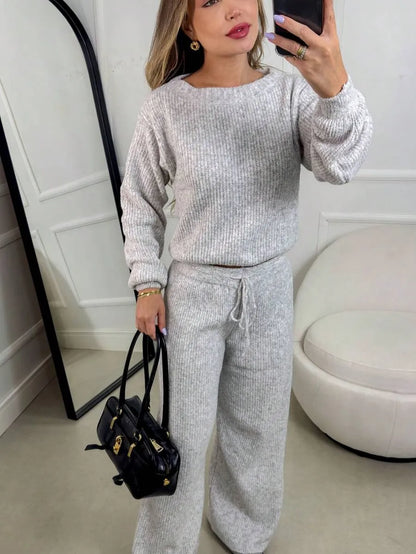 Conjunto Canelado de Tricot Mousse Calça Pantalona Cordão Ajustável+Blusa Manga Bufante Inverno