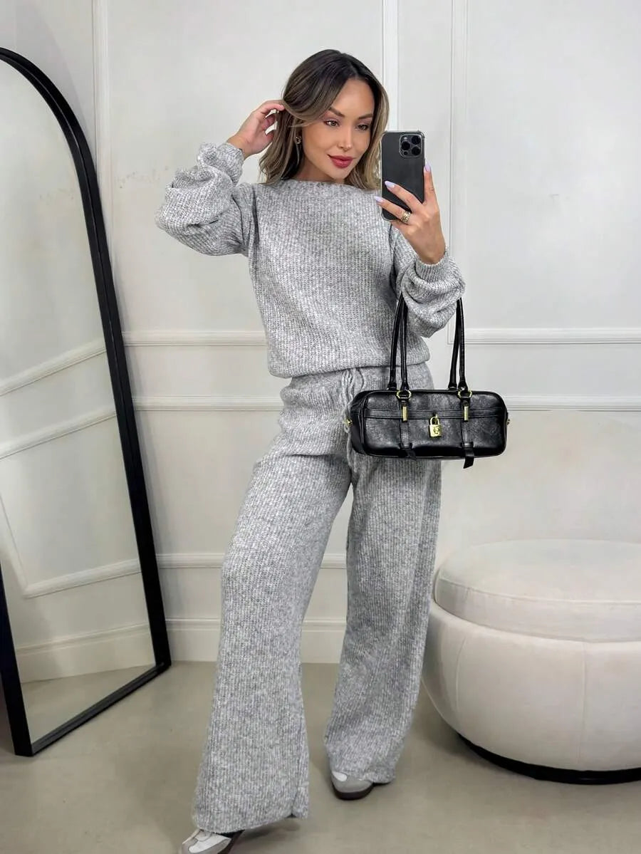 Conjunto Canelado de Tricot Mousse Calça Pantalona Cordão Ajustável+Blusa Manga Bufante Inverno