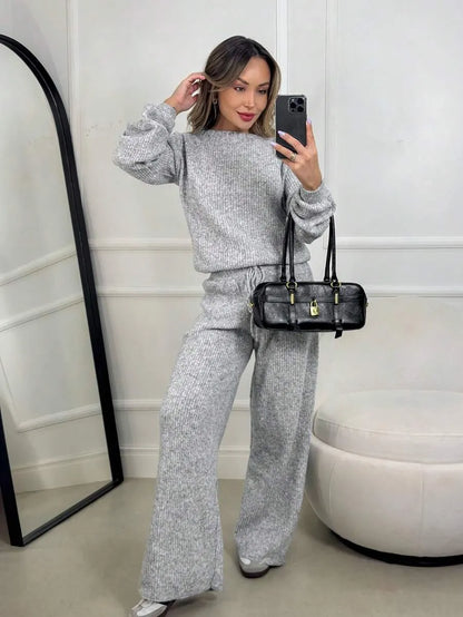 Conjunto Canelado de Tricot Mousse Calça Pantalona Cordão Ajustável+Blusa Manga Bufante Inverno