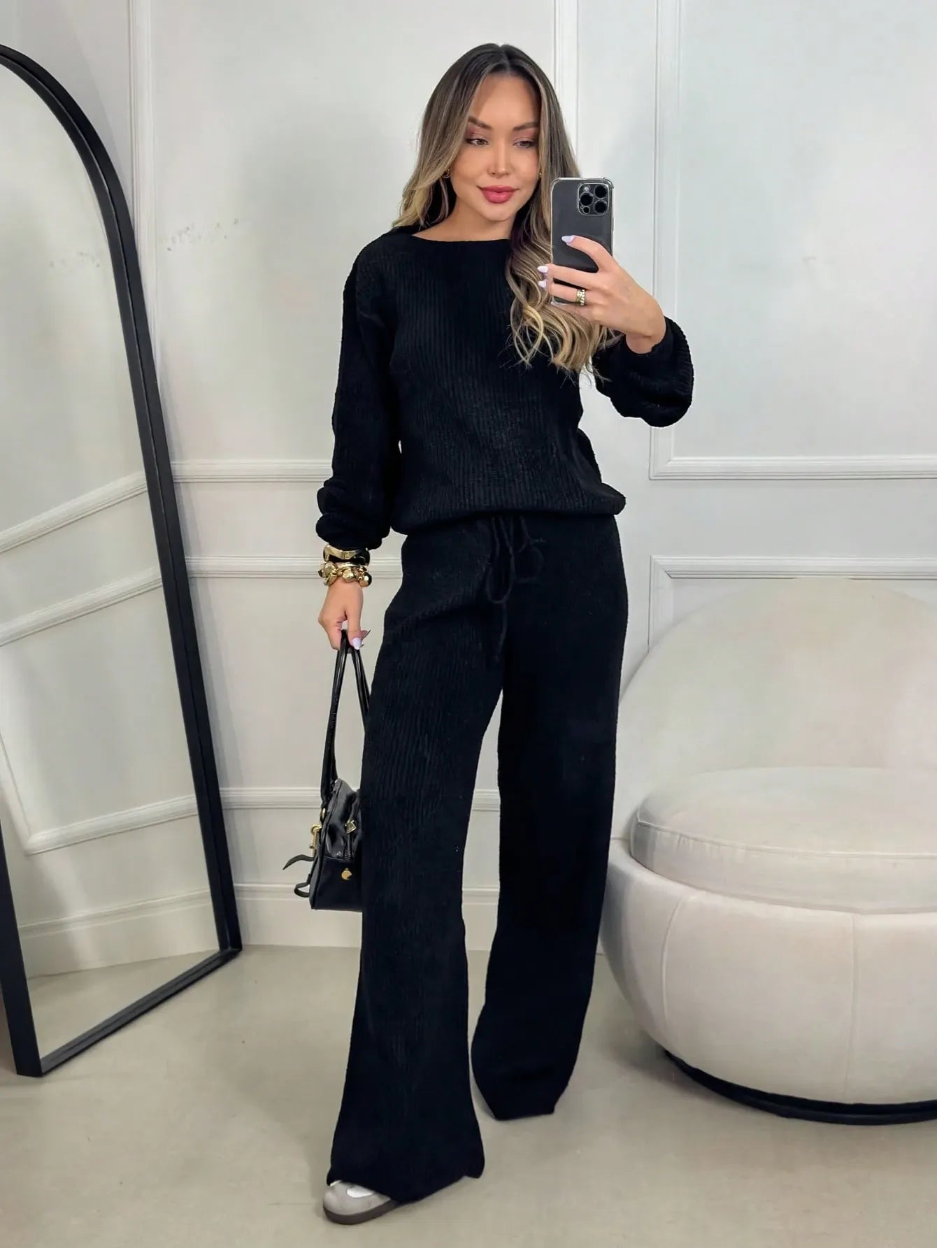 Conjunto Canelado de Tricot Mousse Calça Pantalona Cordão Ajustável+Blusa Manga Bufante Inverno