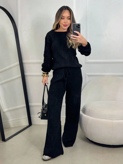 Conjunto Canelado de Tricot Mousse Calça Pantalona Cordão Ajustável+Blusa Manga Bufante Inverno
