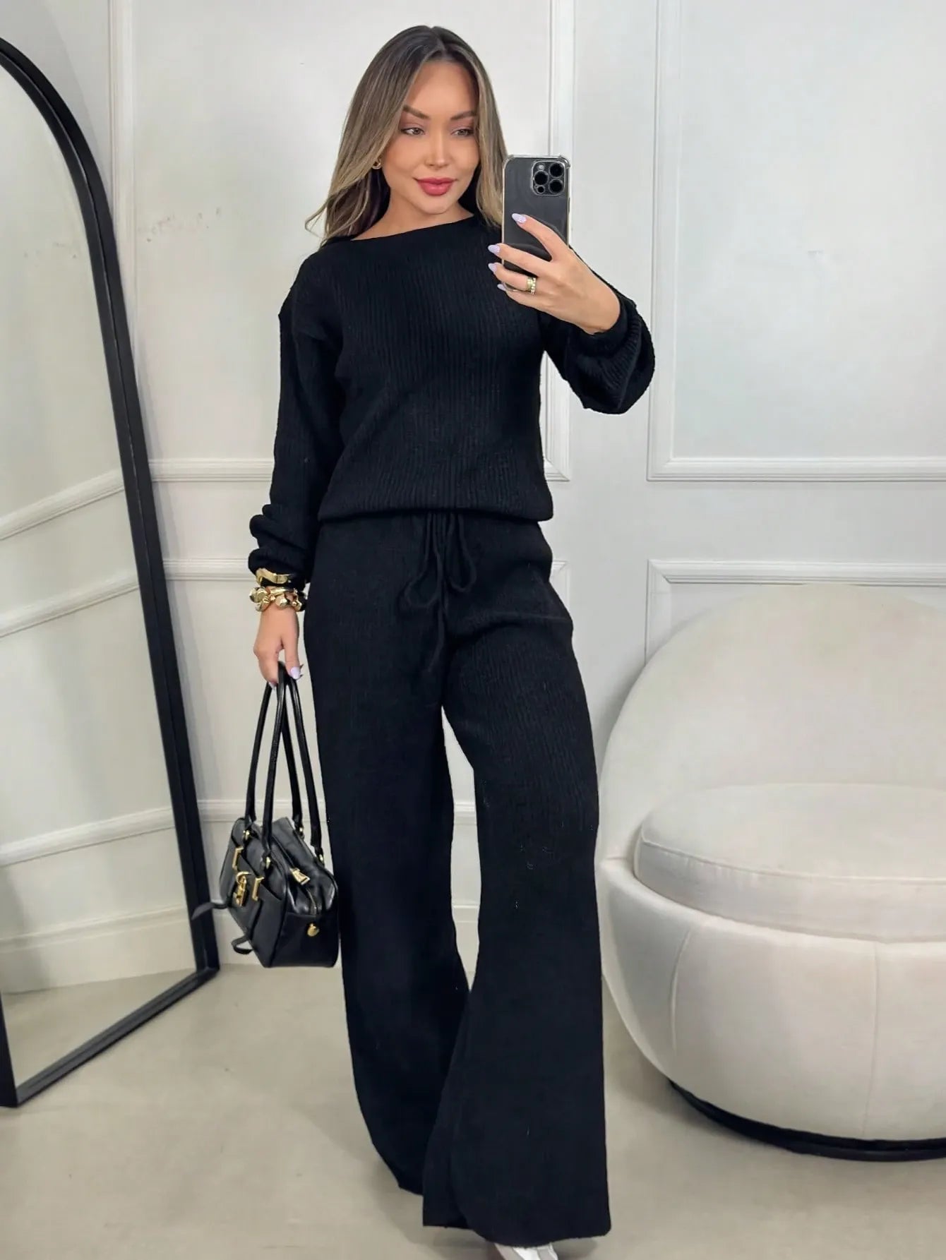 Conjunto Canelado de Tricot Mousse Calça Pantalona Cordão Ajustável+Blusa Manga Bufante Inverno
