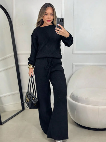 Conjunto Canelado de Tricot Mousse Calça Pantalona Cordão Ajustável+Blusa Manga Bufante Inverno
