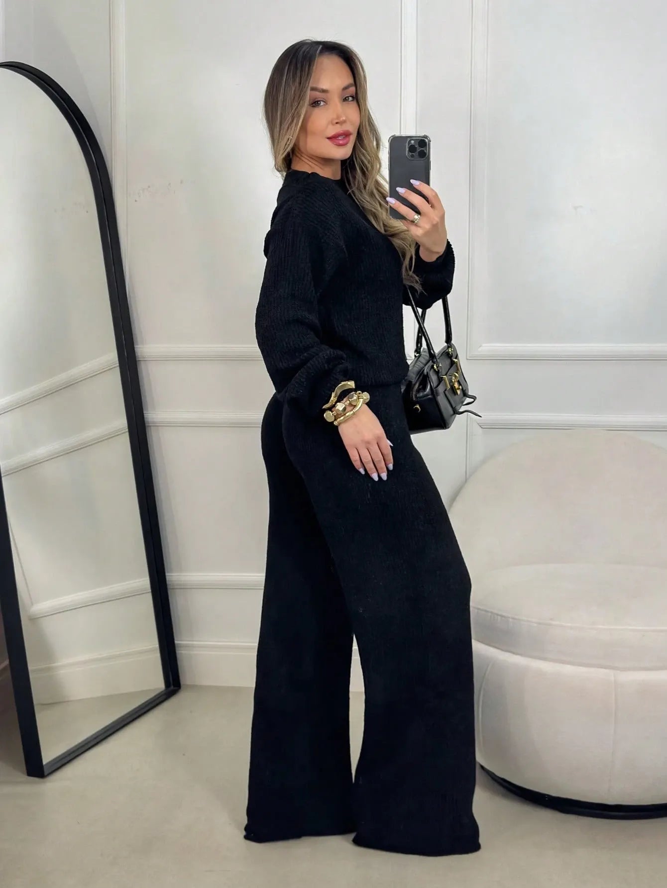 Conjunto Canelado de Tricot Mousse Calça Pantalona Cordão Ajustável+Blusa Manga Bufante Inverno