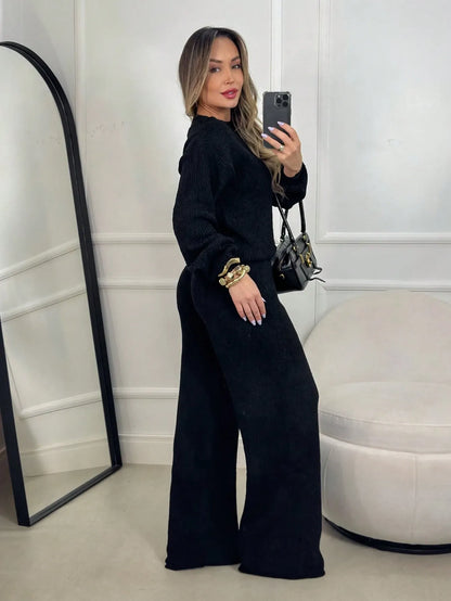 Conjunto Canelado de Tricot Mousse Calça Pantalona Cordão Ajustável+Blusa Manga Bufante Inverno