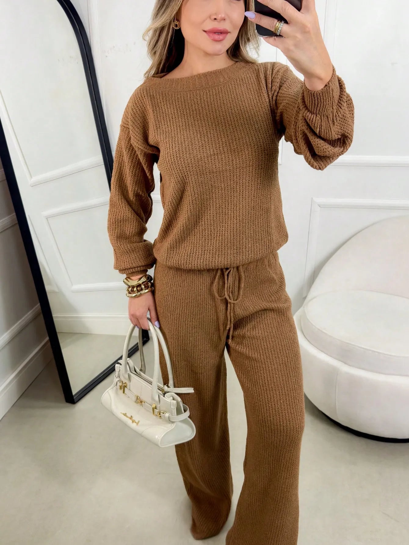 Conjunto Canelado de Tricot Mousse Calça Pantalona Cordão Ajustável+Blusa Manga Bufante Inverno