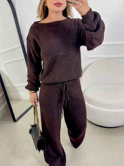 Conjunto Canelado de Tricot Mousse Calça Pantalona Cordão Ajustável+Blusa Manga Bufante Inverno