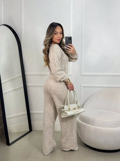 Conjunto Canelado de Tricot Mousse Calça Pantalona Cordão Ajustável+Blusa Manga Bufante Inverno