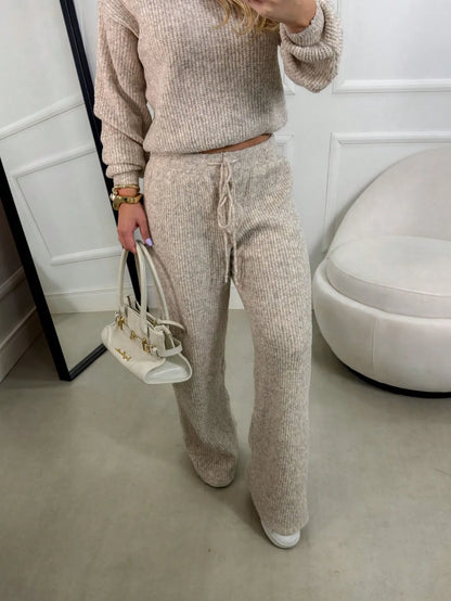Conjunto Canelado de Tricot Mousse Calça Pantalona Cordão Ajustável+Blusa Manga Bufante Inverno